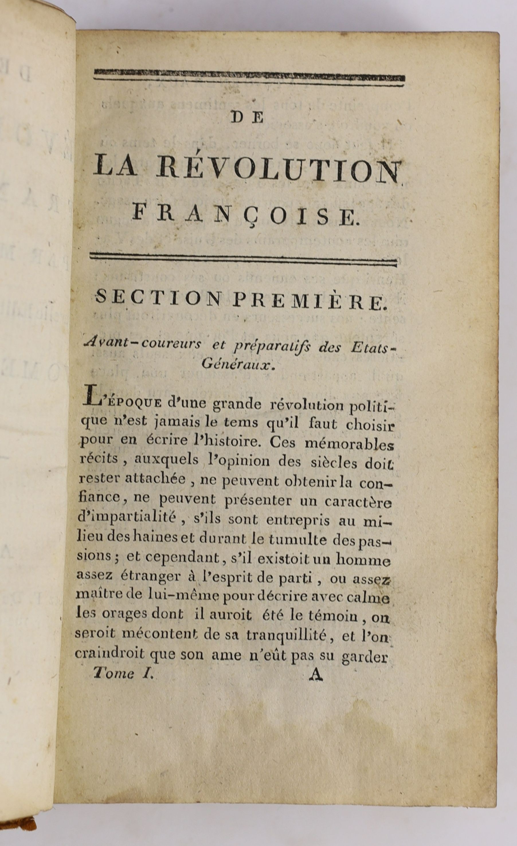 Necker, Jacques - De La Revolution Francaise. nouvelle edition, revue et corrigée, 4 vols (in 2). half titles; contemp. mottled calf and gilt-decorated spines, sm.8vo. Paris: chez F. Dufart, An 5-1797